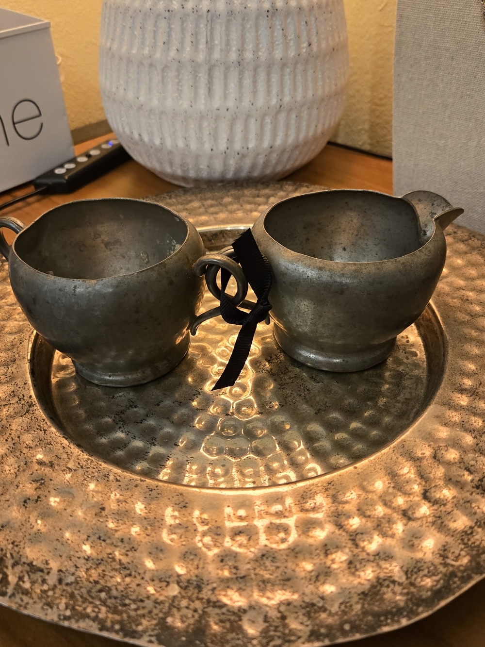 Vintage Antique-Style Pewter Sugar and Creamer Set - Gray w/Weathered Patina